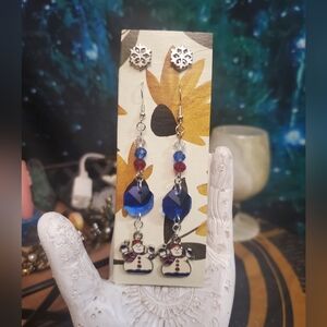 Handmade Crystal Snowman Earring Set With Sterling Silver Hooks